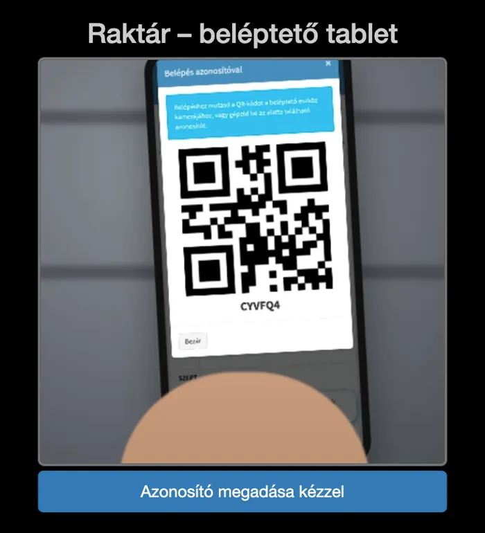 Kihelyezett beléptető eszköz, amely a dolgozó saját QR-kódját olvassa be